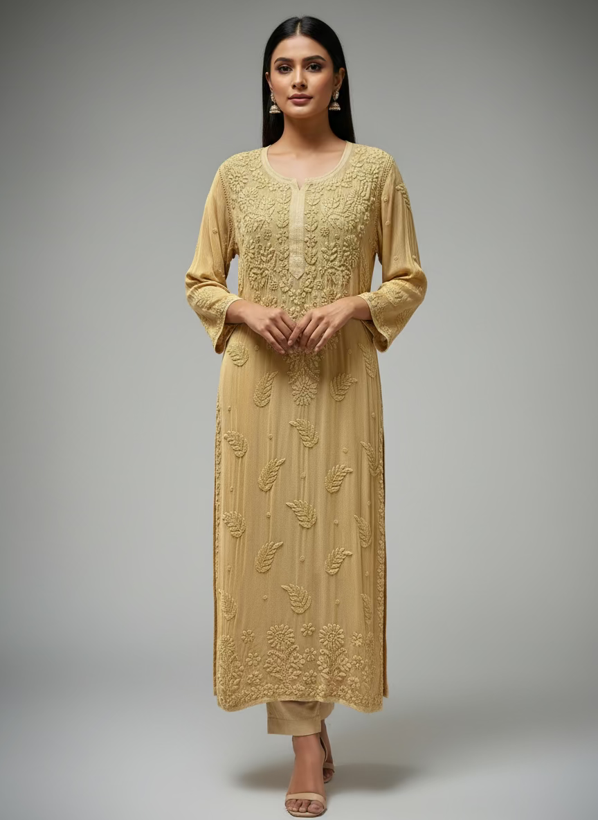 beige colour chikankari 3d viscose long kurti by famaza couture