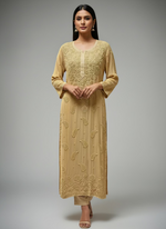 beige colour chikankari 3d viscose long kurti by famaza couture