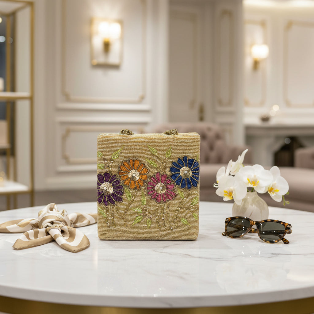 A beige floral handcrafted tote bag with glass beads embroidered on it, displayed on a wooden surface.