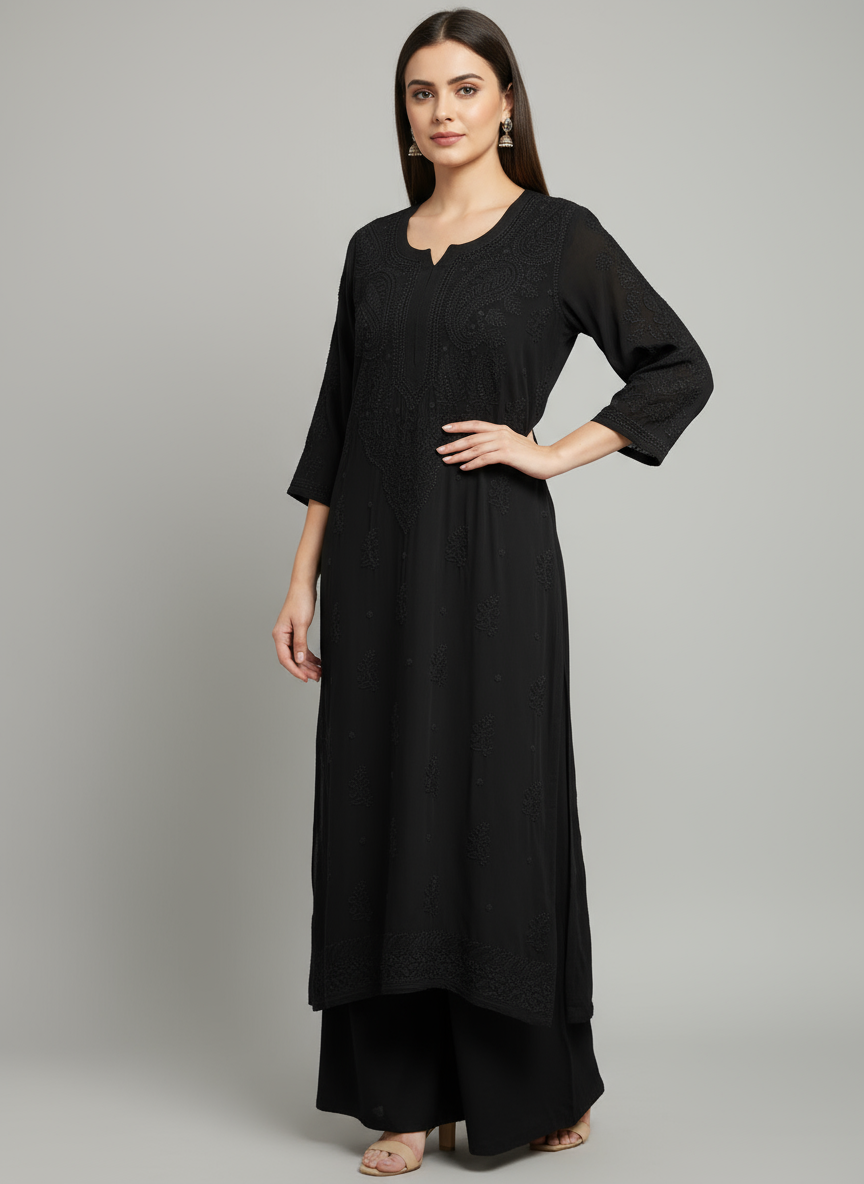 black chikankari viscose long kurti