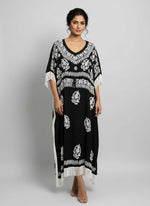 black colour kaftan with white chikankari embroidery by famaza couture
