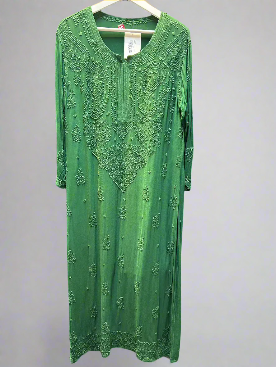 bottle green chikankari viscose long kurti