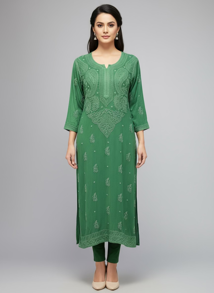 bottle green chikankari viscose long kurti
