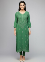 bottle green chikankari viscose long kurti