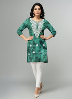 bottle green short kurti in tie & dye style with white machine embroidery by famaza couture