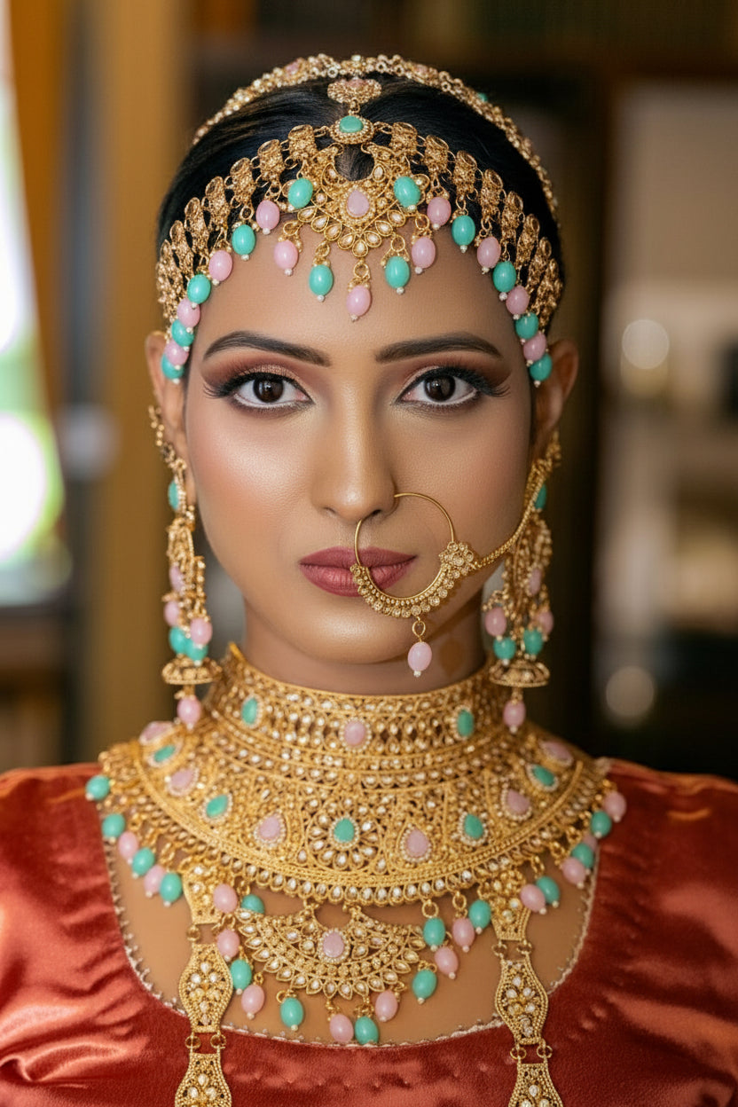 “9-piece gold bridal jewellery set for Pakistani weddings