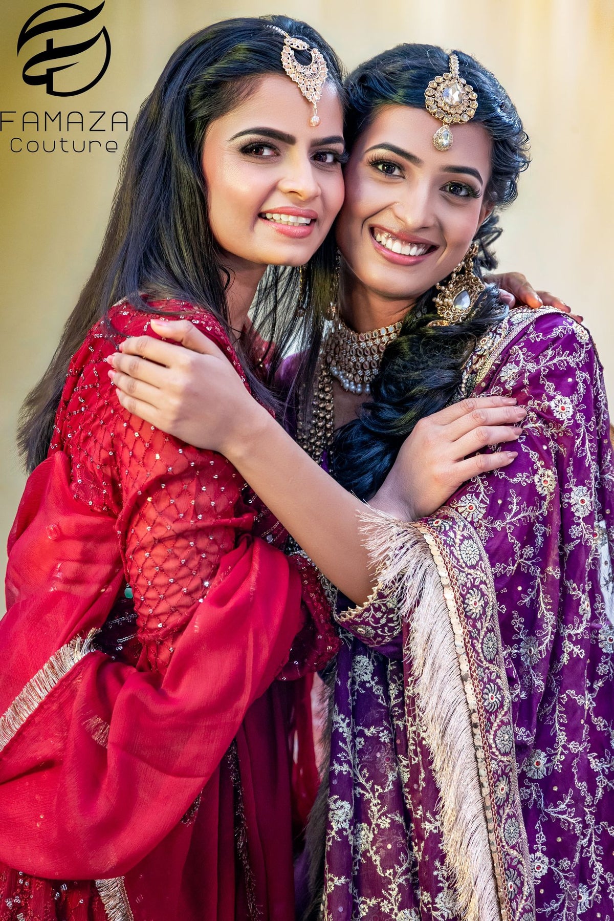 close up of Famaza couture party wear and bride's made dresses