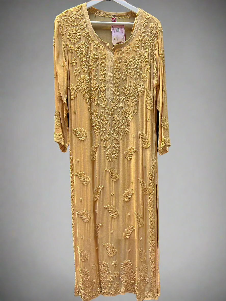 chikankari 3d viscose long kurti beige