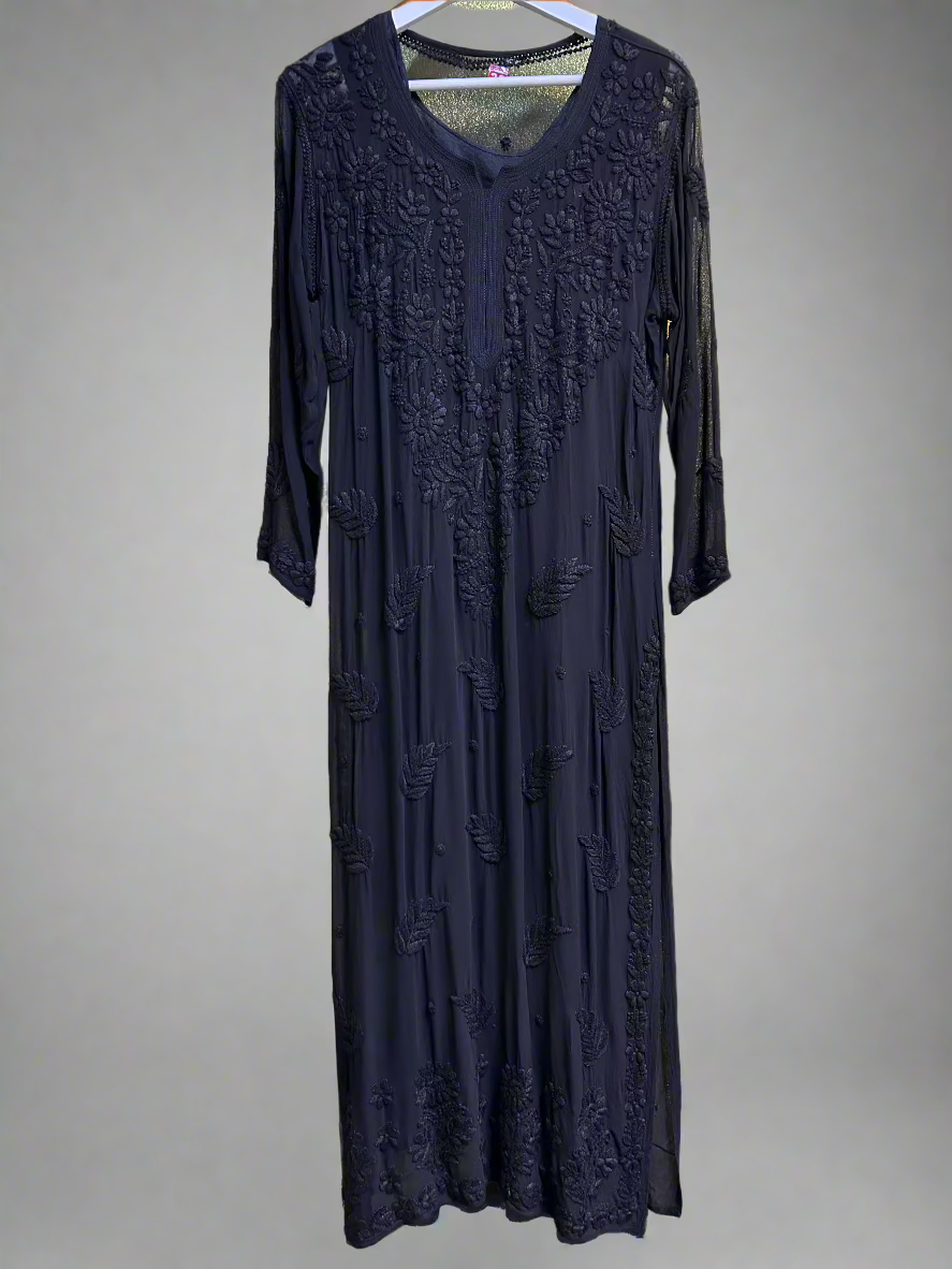 chikankari 3d viscose long kurti black