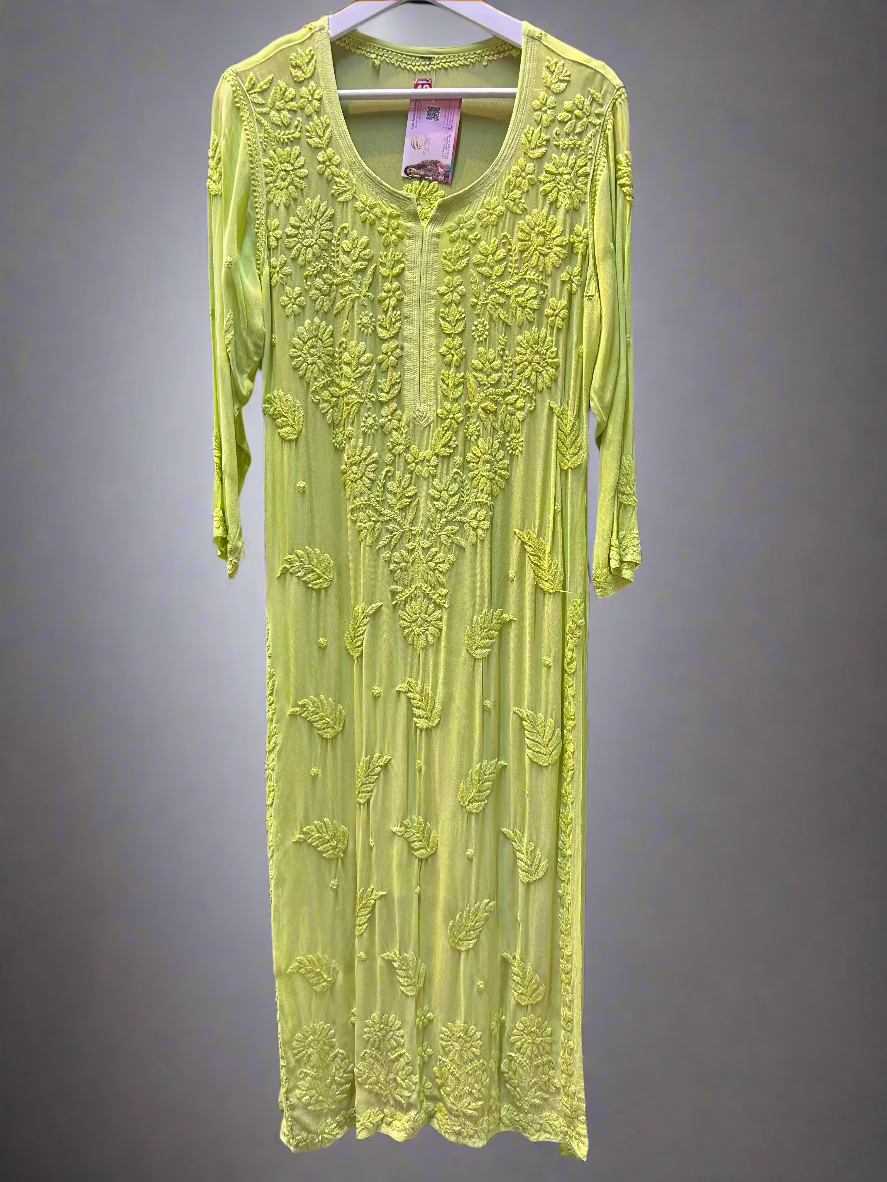 chikankari 3d viscose long kurti lime green