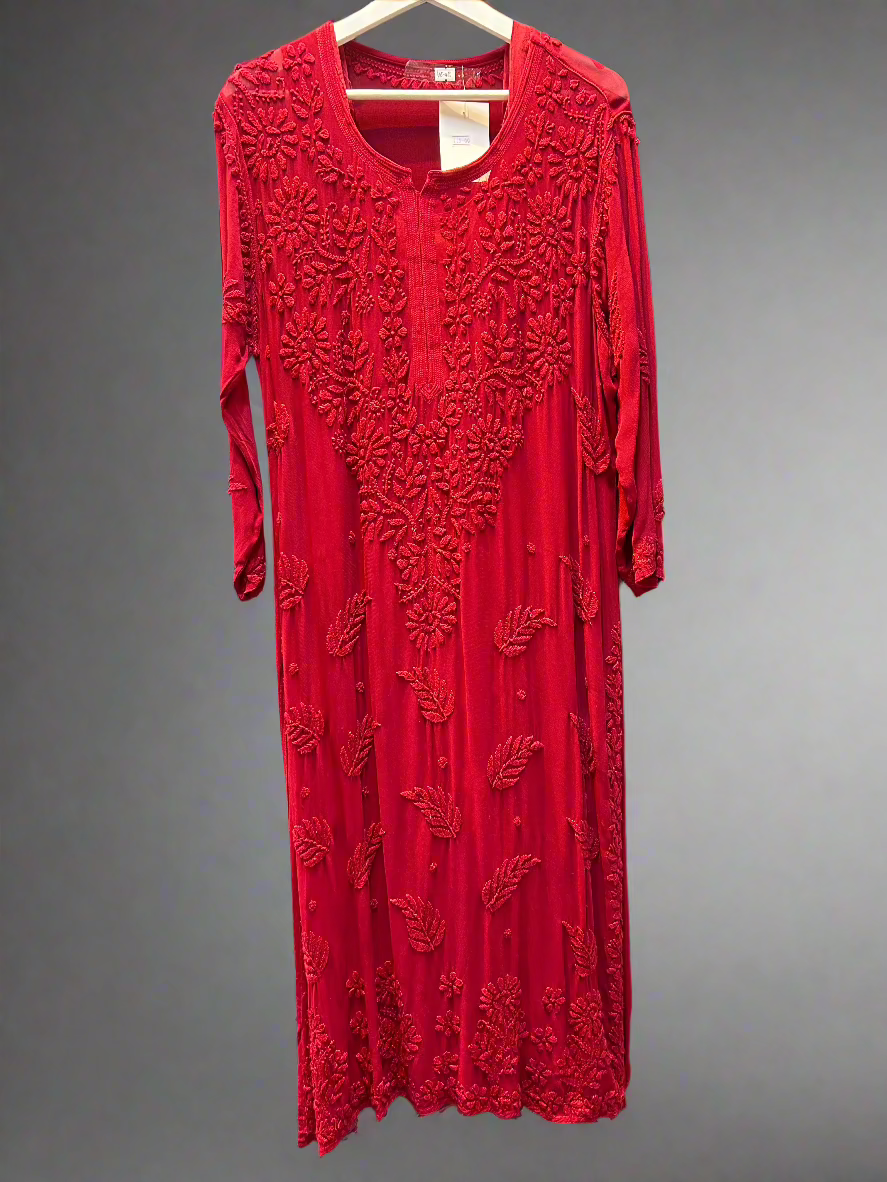 chikankari 3d viscose long kurti maroon