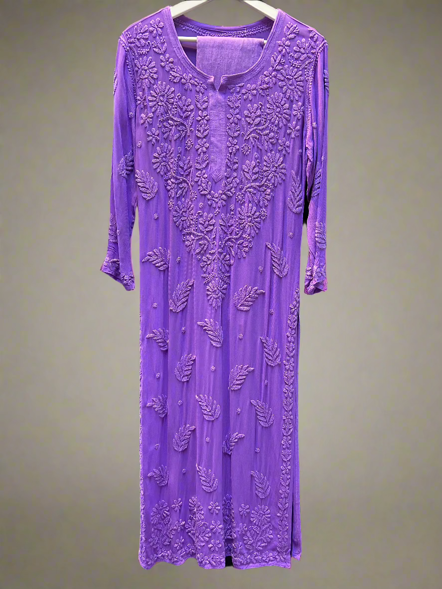 chikankari 3d viscose long kurti purple