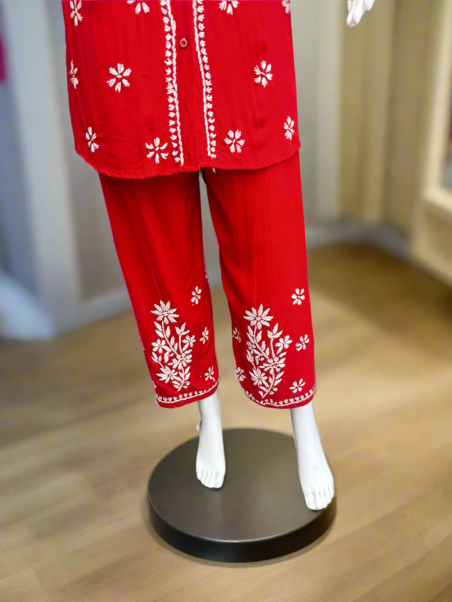 close up of chikankari embroidered cord set trouser