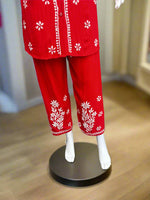 close up of chikankari embroidered cord set trouser