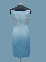 Rear view of Chikankari cotton slip dress, blue with hand embroidery