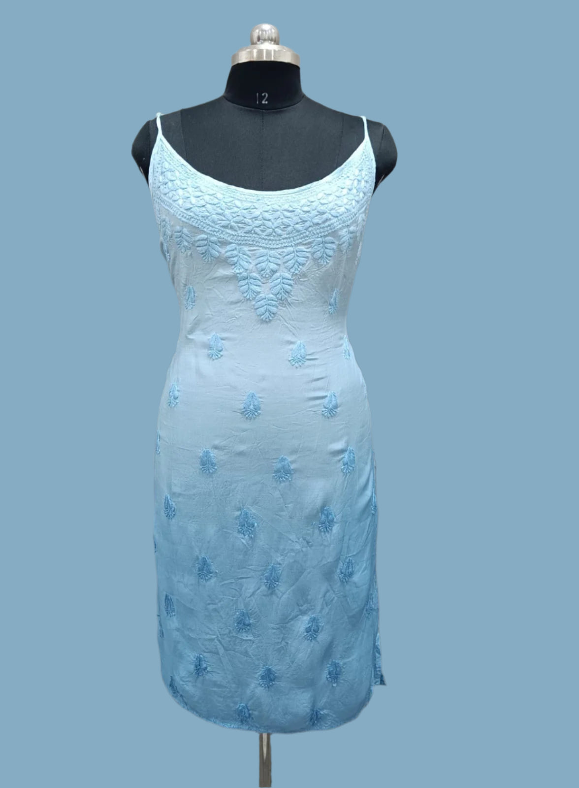 Chikankari cotton slip dress, blue with hand embroidery