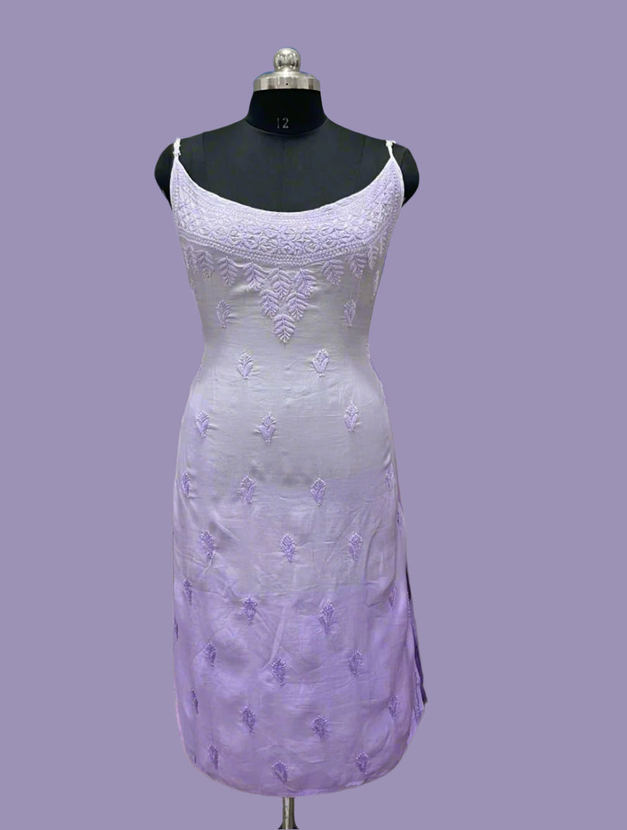 Front view of Chikankari cotton slip dress, with hand embroidery