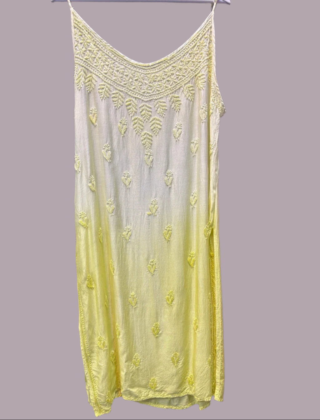 Chikankari cotton slip dress, yellow with hand embroidery