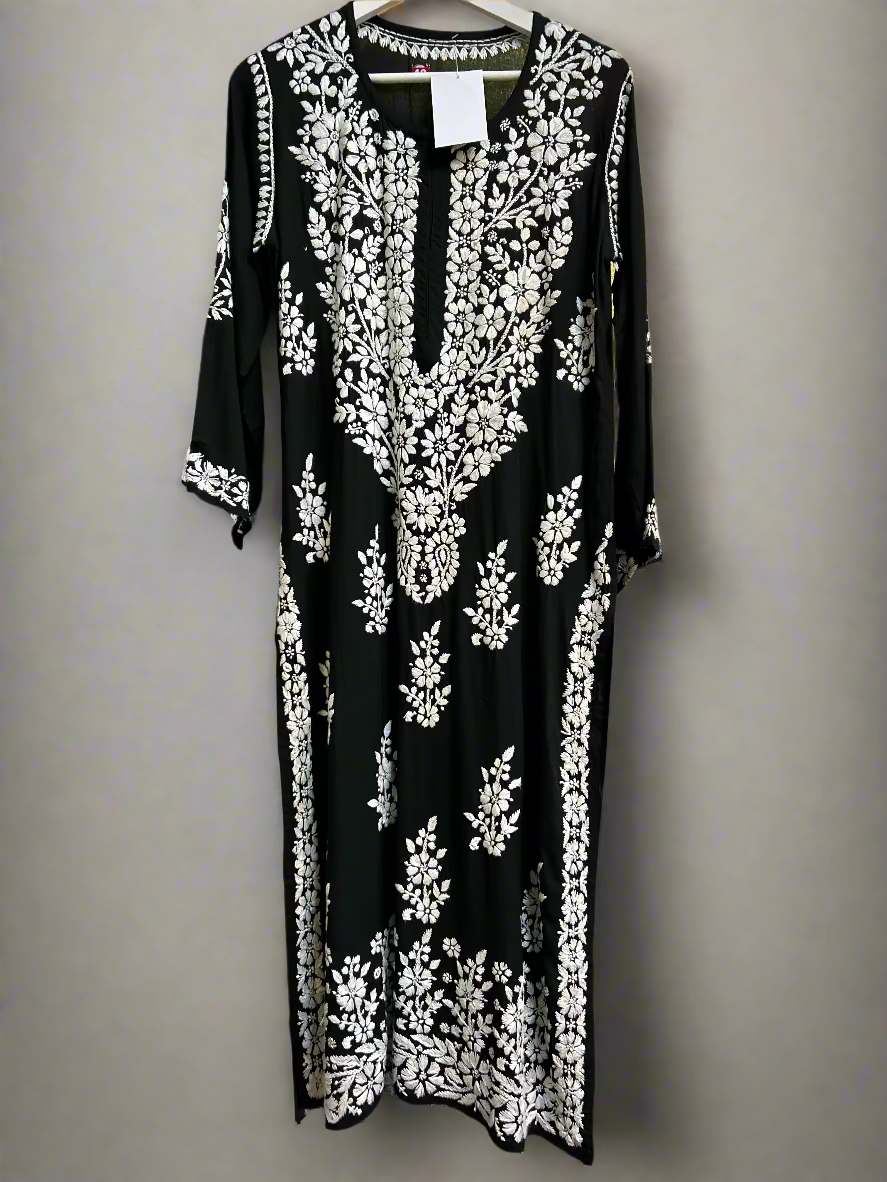 chikankari floral leaf detail border black