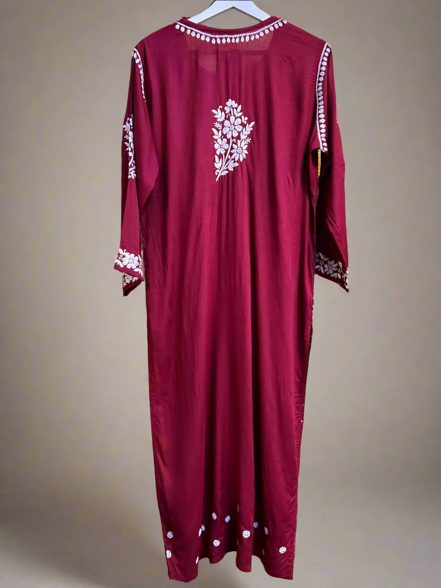 chikankari floral leaf detail border maroon rear