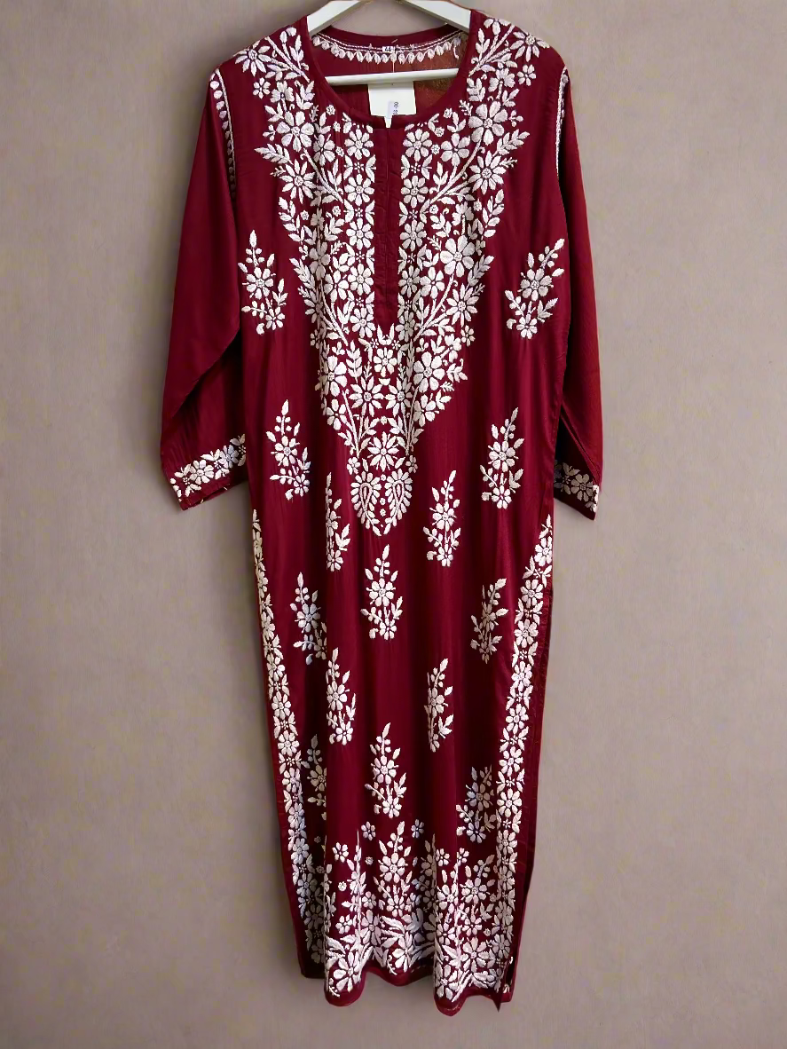 chikankari floral leaf detail border maroon