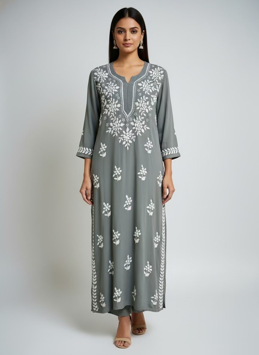 A grey colour 46 inches long modal fabric Chikankari kurti with white Ghass Patti embroidery