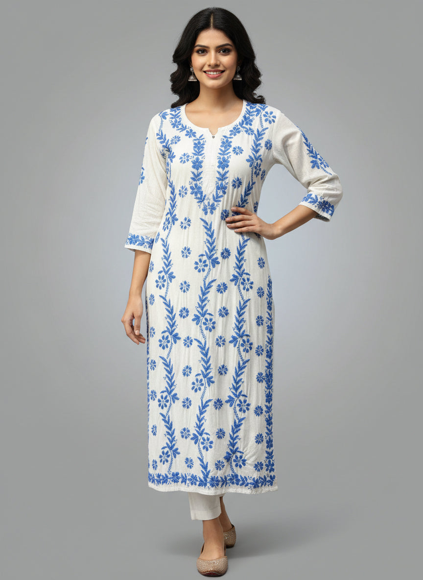 Chikankari kurti with blue colour embroidery on white