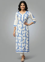 Chikankari kurti with blue colour embroidery on white