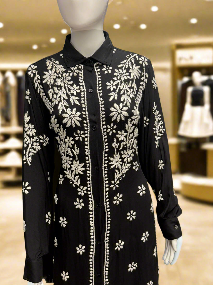 chikankari embroidered cord set shirt close up in black
