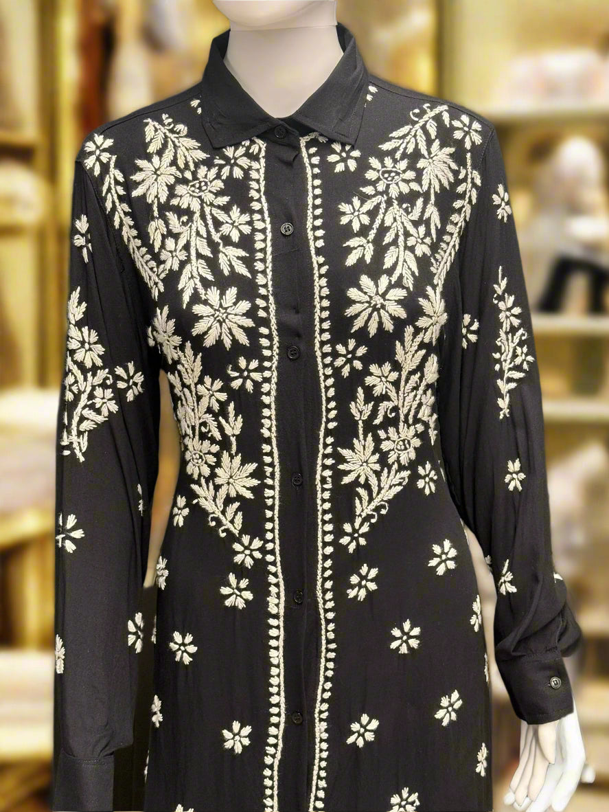chikankari embroidered cord set shirtin black close up
