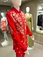 close up side view of chikankari embroidered cord set shirt