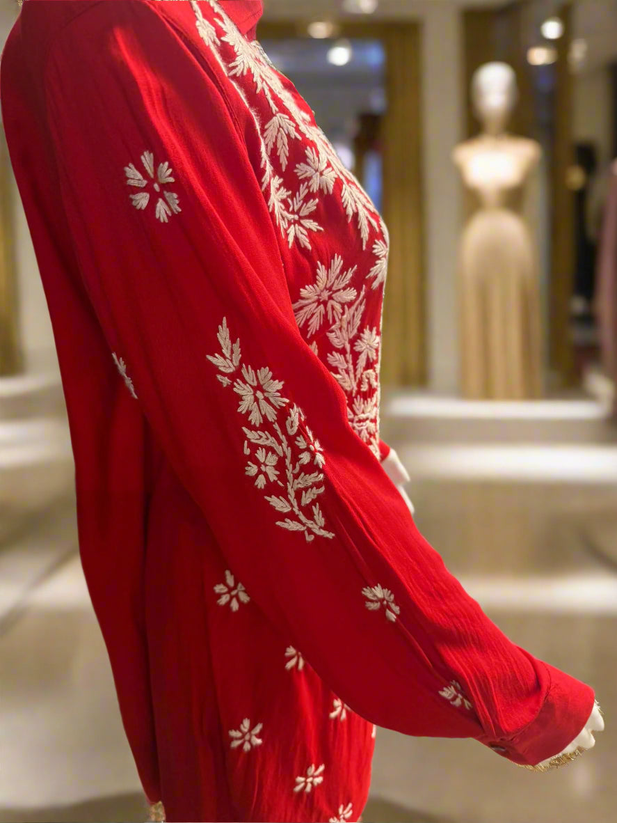 close up sleeve view of chikankari embroidered cord set shirt