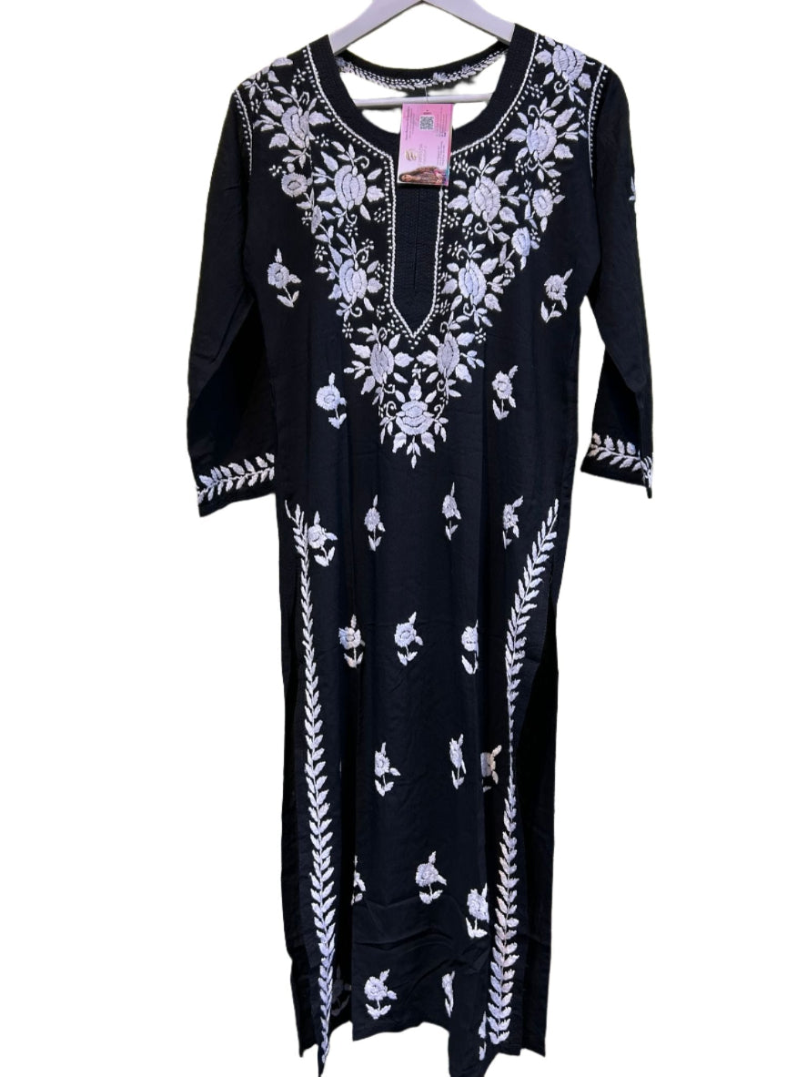 chikankari kurti cotton modal ghass patti embroidery black