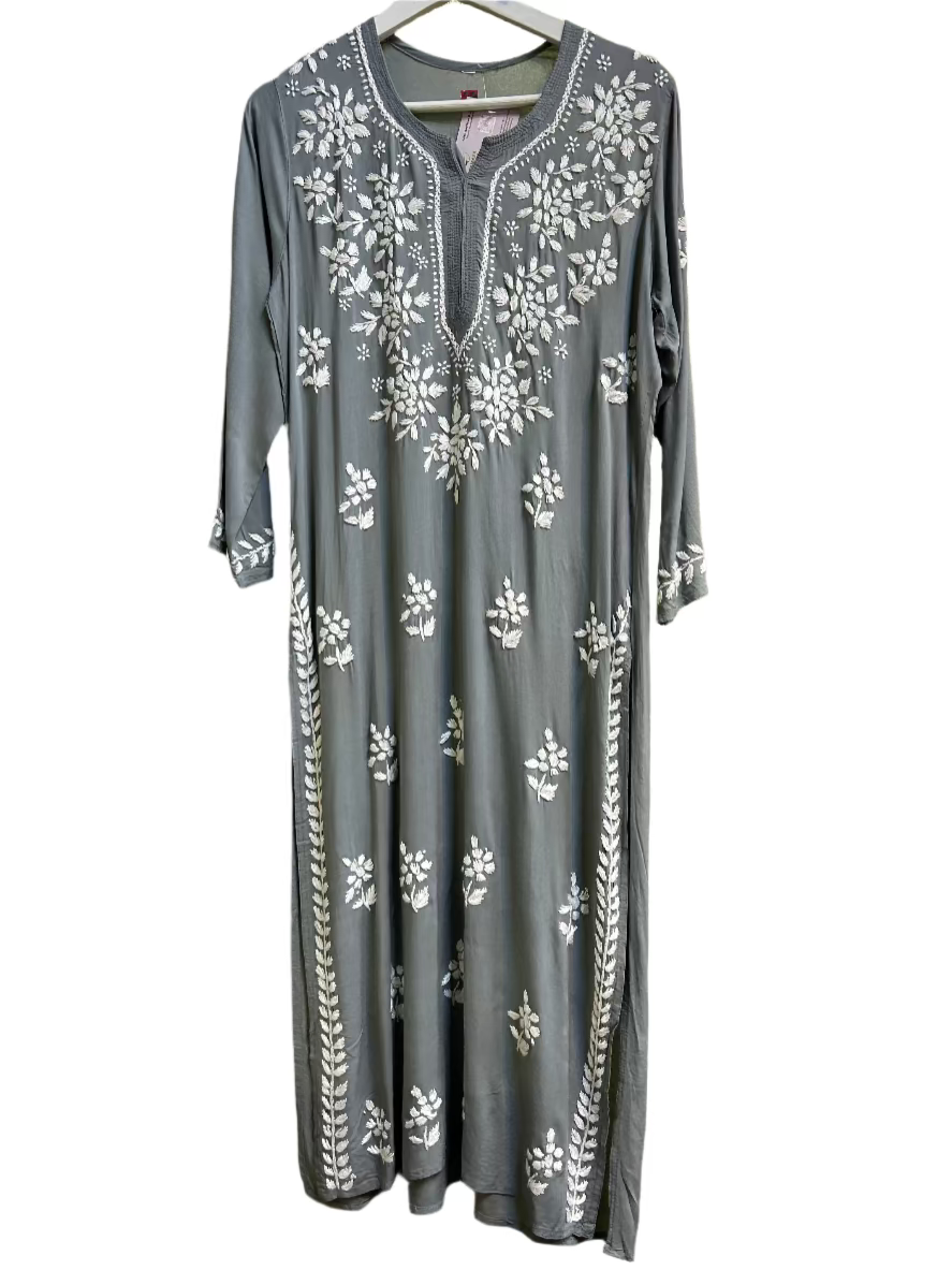 chikankari kurti cotton modal ghass patti embroidery grey