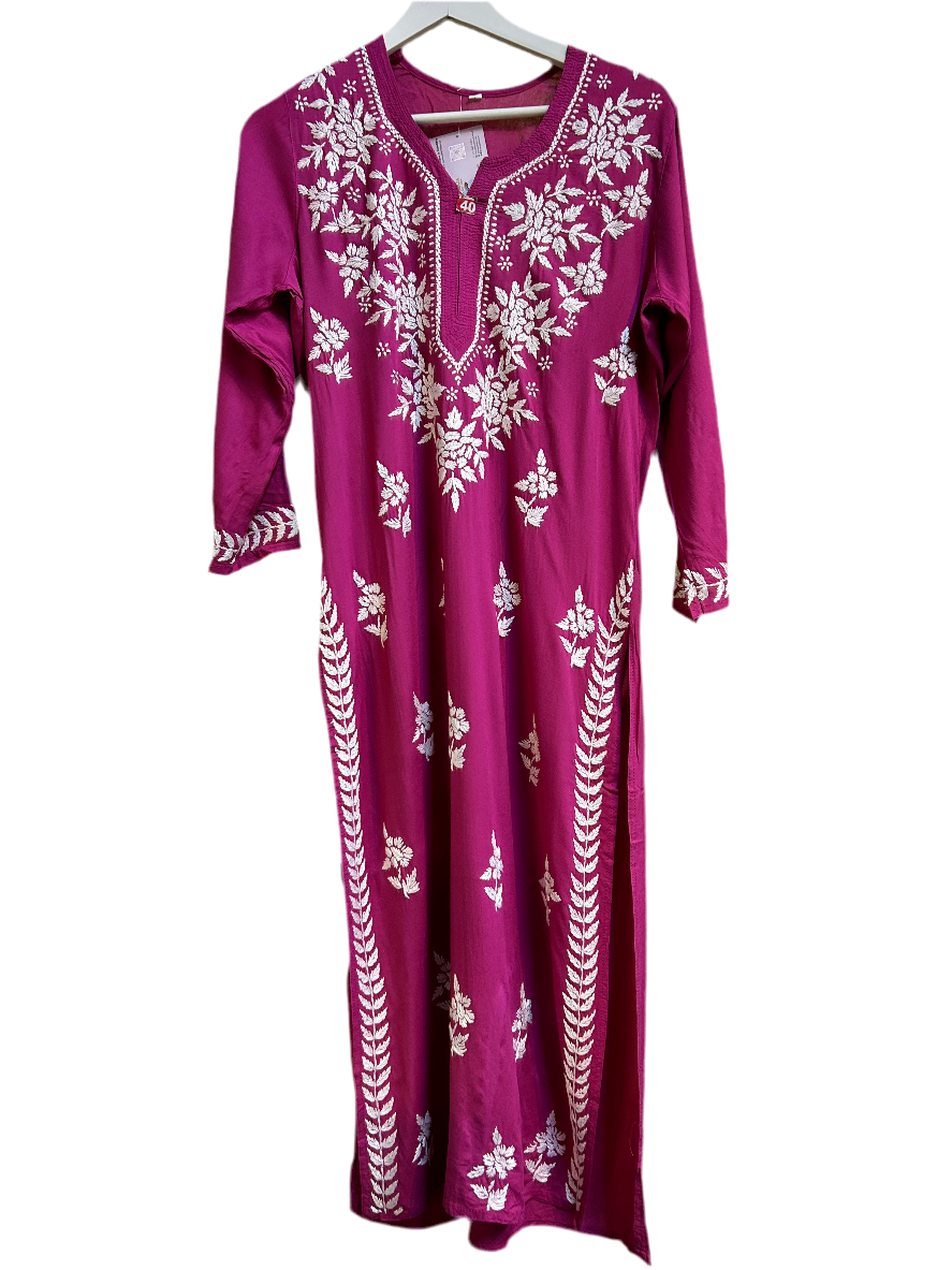 chikankari kurti cotton modal ghass patti embroidery hot pink