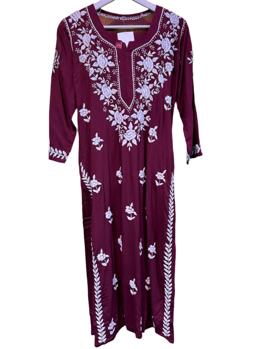 chikankari kurti cotton modal ghass patti embroidery maroon
