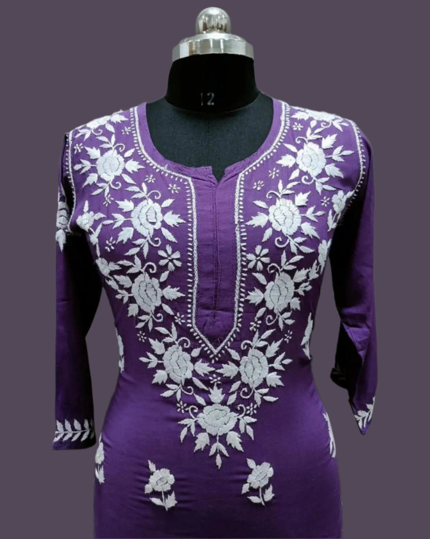 close up of chikankari kurti cotton modal ghass patti embroidery in purple