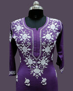 close up of chikankari kurti cotton modal ghass patti embroidery in purple