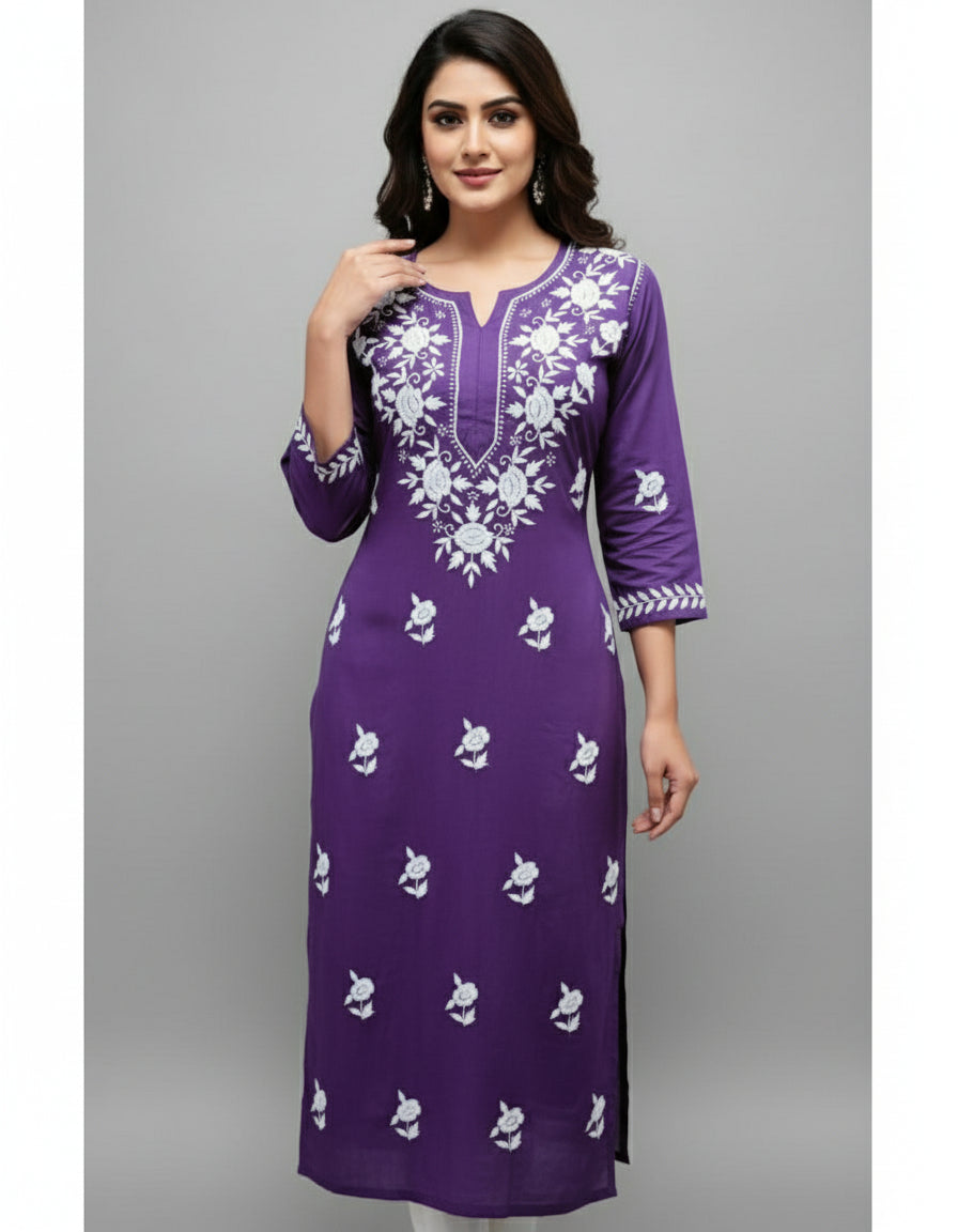 A purple colour 46 inches long modal fabric Chikankari kurti with white Ghass Patti embroidery