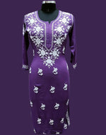 Chikankari kurti with Ghass Patti embroidery on a mannequin in purple colour