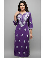 A purple colour 46 inches long modal fabric Chikankari kurti with white Ghass Patti embroidery