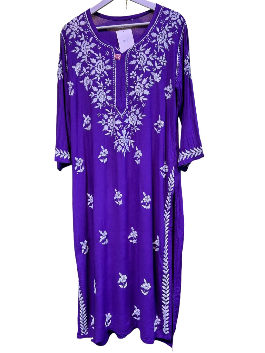 chikankari kurti cotton modal ghass patti embroidery purple