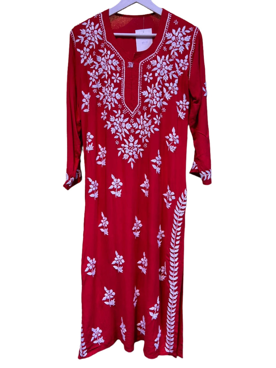 chikankari kurti cotton modal ghass patti embroidery red