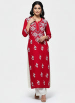A red colour 46 inches long modal fabric Chikankari kurti with white Ghass Patti embroidery