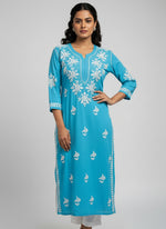 A sky blue colour 46 inches long modal fabric Chikankari kurti with white Ghass Patti embroidery