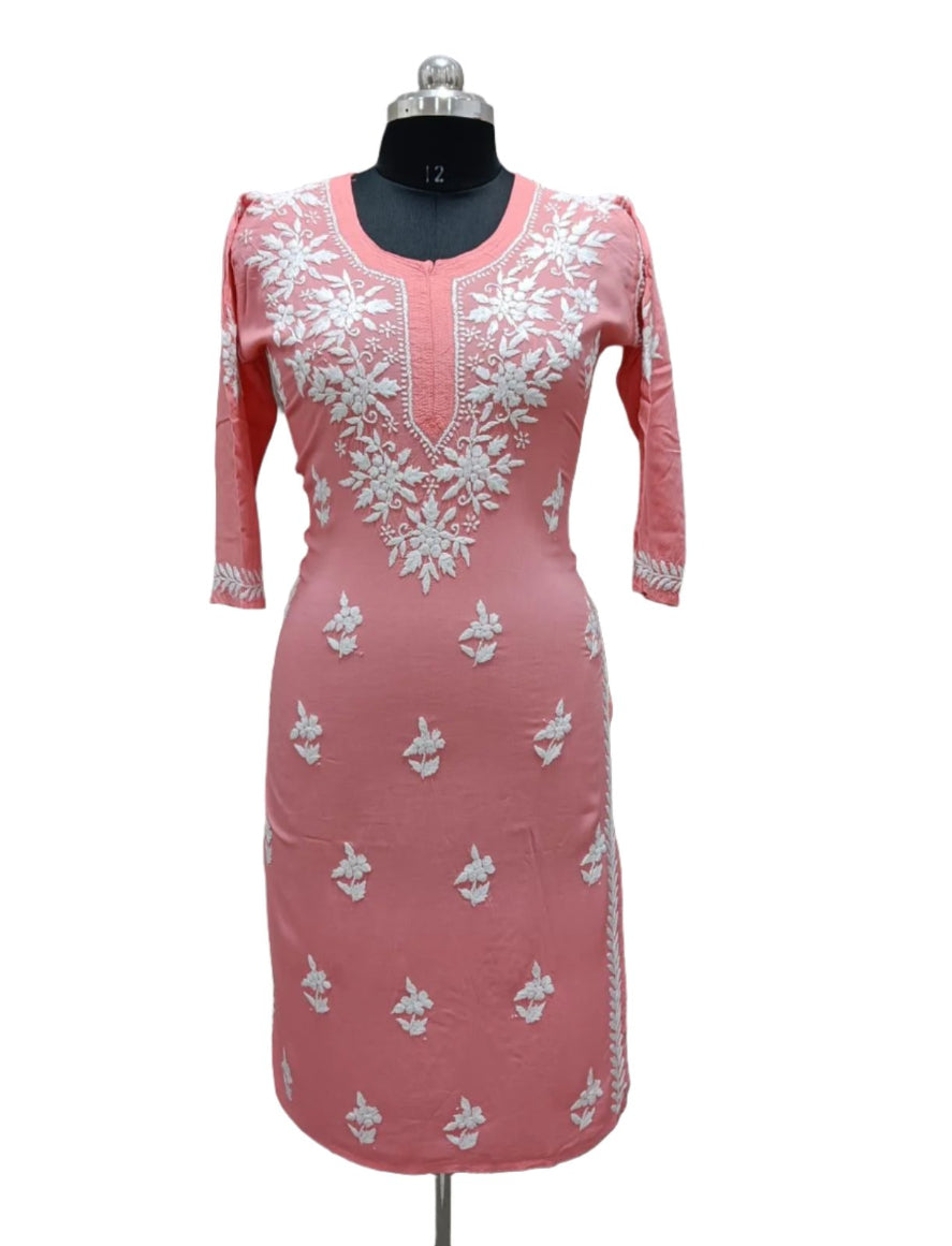 Chikankari kurti with Ghass Patti embroidery on a mannequin in watermelon pink colour