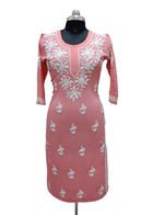 Chikankari kurti with Ghass Patti embroidery on a mannequin in watermelon pink colour