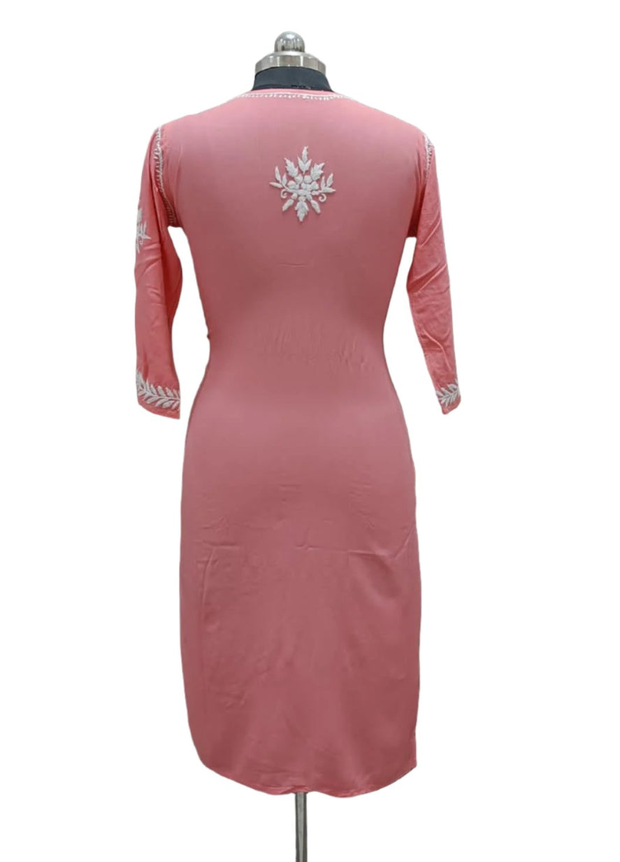 rear view of Chikankari kurti with Ghass Patti embroidery on a mannequin in watermelon pink colour