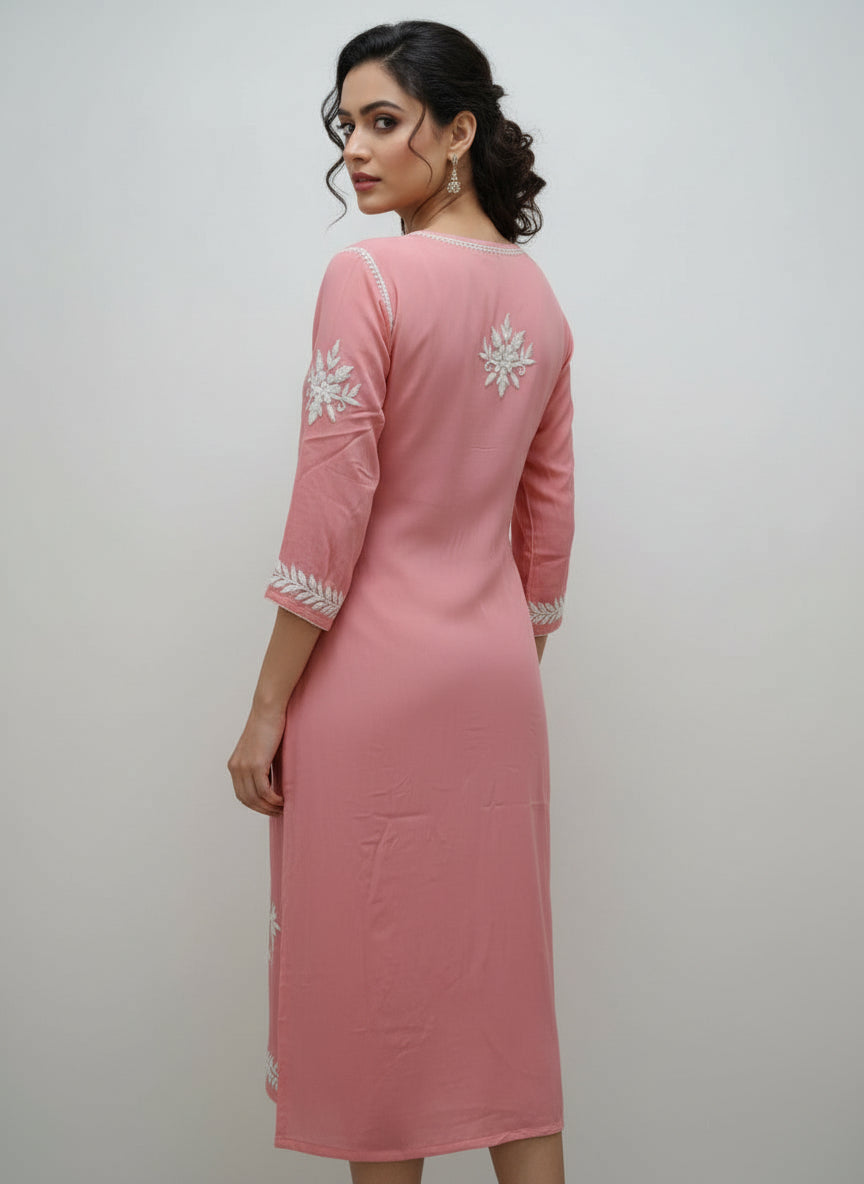 watermelon pink colour back side design of Chikankari kurti with Ghass Patti embroidery