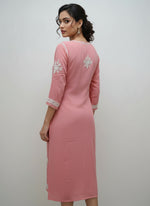 watermelon pink colour back side design of Chikankari kurti with Ghass Patti embroidery